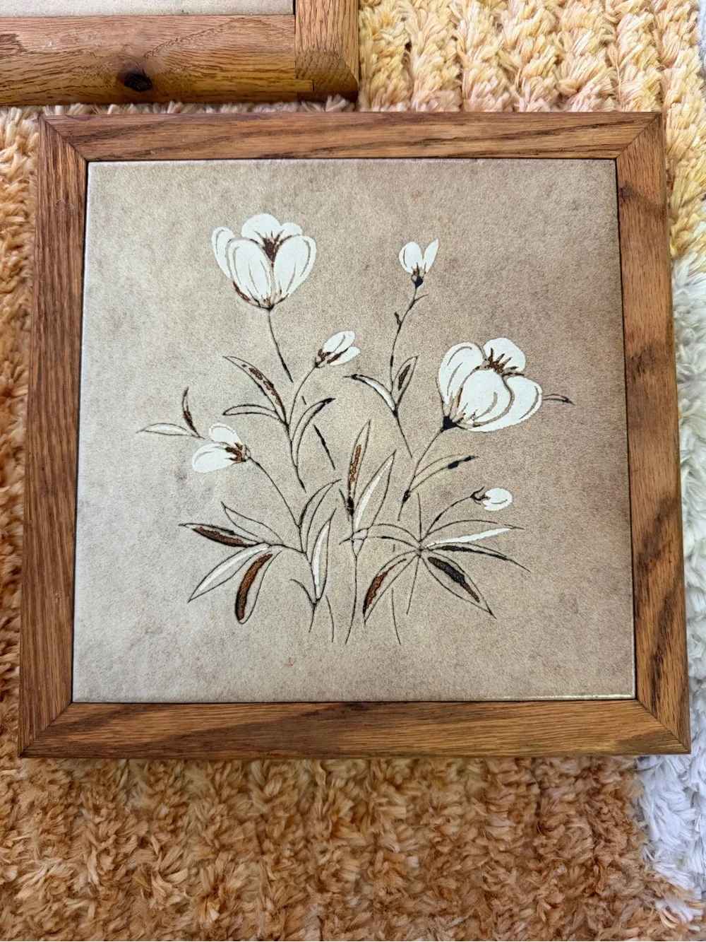 1970 Large Trivet Frame Heavy Ceramic Tile Wheat | White Flowers Pattern